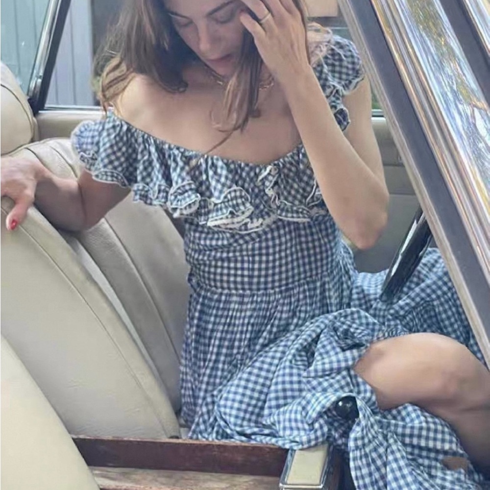 blue Gingham Dress Sora dress Size XS Blue Gingham Off-Shoulder Dress